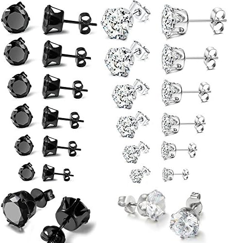 Stud Earring Set [316L Stainless Steel] Cubic Zirconia Black &amp; White - CZ Size - (0.2 Carat - 2 Carat) [12 Pairs - 6 of each color!]
