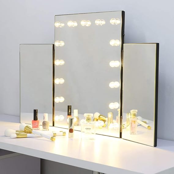 Qivange Hollywood Vanity Makeup Mirror Trifold Tabletop Illuminated Cosmetic Folding Design