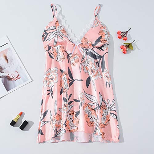 Amacok Sleepwear Women's Sexy Lingerie Dress Satin Lace Flower Pajamas V Neck Nightgown Loungewear (Pink,S)
