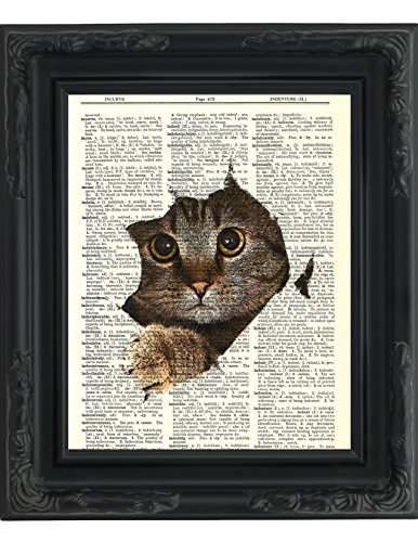 Dictionary Art Print - Kitty Cat Tearing Through the Page - Printed on Recycled Vintage Dictionary Paper - 8"x11" - Mixed Media Poster on Vintage Dictionary Page