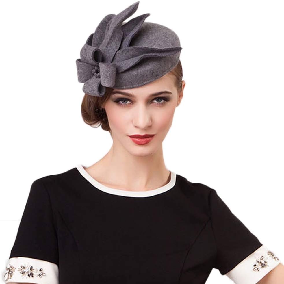 F FADVES Elegant Wedding Wool Felt Fascinator Cocktail Pillbox Hat Ladies Winter Floral Fedoras