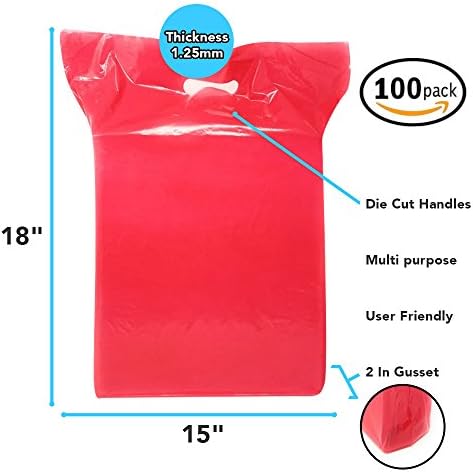 Red Merchandise Plastic Shopping Bag - 100 Pack 15" x 18" 1.25 mil Thick Pink, 2 in Gusset | Die Cut Handles | Perfect for Shopping, Party Favors, Birthdays, Parties | Color Red | 100% Recyclable