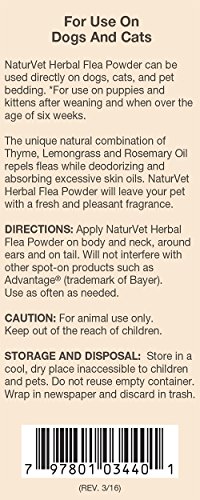 NaturVet Herbal Flea Powder with Essential Oils for Dogs and Cats, 4 oz Powder , Made in USA