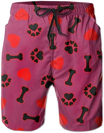 Men's Dog Bone, Paw Print And Red Heart Quickly Drying Lightweight Fashion Board Shorts Swim Trunks M