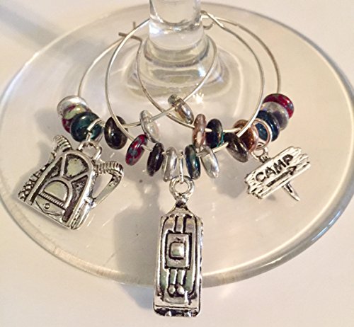 Glamping Camping Wine Glass Charms, RV Enthusiast, Hicking, Canoeing Kayaking, Road Trip Retirement Gift