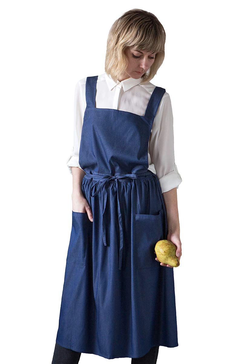 Bunny Street Denim Pinafore Apron - Premium Quality Japanese Apron for Women - Cute Cross Back Dress Apron for Kitchen, Craft, Garden - Dark Blue Smock
