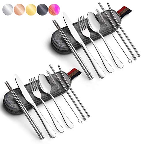 Portable utensils silverware Reusable flatware set with case and straws