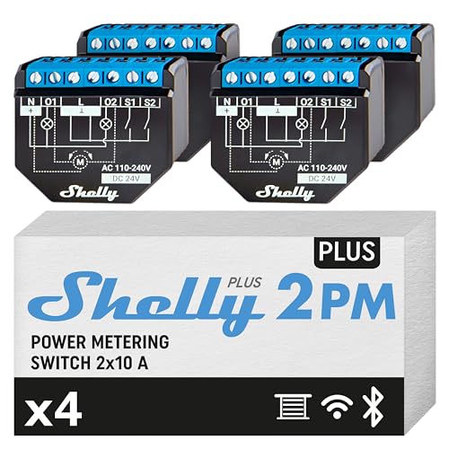 Shelly Plus 2PM | Wlan 2 Kanäle Smart Relais Schalter | Rolladenschalter mit Stromverbrauchsmessung | Hausautomation | Google Home Alexa Zubehör | iOS Android App (4 Pack)