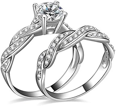 Vanjo Cubic Zirconia CZ Anniversary Promise Wedding Band Engagement Ring Set Halo Promise Engagement Ring Set Bridal Set Love Wedding Jewelry Set Twist Ring Set (6)
