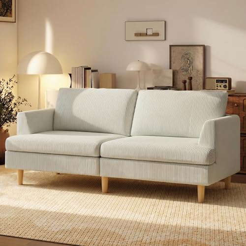 HOMCOM 3 Seater Sofa, 74" Modern Corduroy Upholstered Couch with Thick Spring Cushions, Solid Wood Legs, Armrests for Living Room, Bedroom, Apartment, Beige