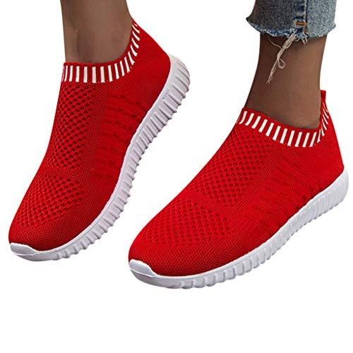 Dermanony Women's Casual Walking Sock Shoes Lightweight Breathable Mesh Work Slip-on- Breathable Yoga Sneakers Red