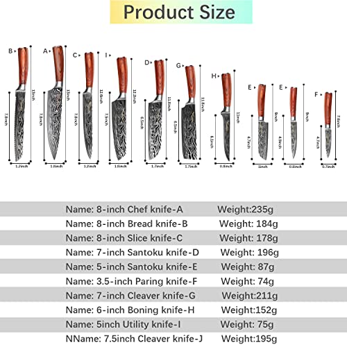VINNAR Kitchen Chef Knife Sets 10 piece Box, Multifunctional kitchen Knives Japanese Professional High Carbon Stainless Steel with Red Solid Wood Handle for Vegetable Meat Fruit Cutting