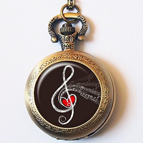 Vintage Music Notes with Heart Pocket Watch Casestars Hand Craft I love Music Quartz Pocket Watch
