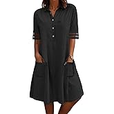 utcoco Denim Dress for Women 2025 Casual Tulle Short Sleeve Button Jean Midi Dress with Pockets