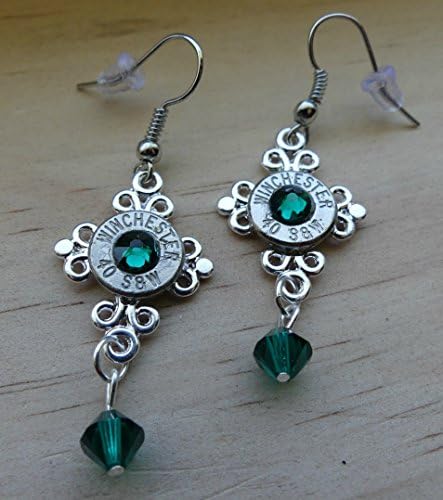 Winchester 40 S&amp;W Bullet Cross Earrings with Emerald Swarovski Crystals
