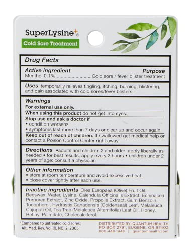 Quantum SuperLysine+ Cold Sore Treatment Ointment|Relieves Pain, Burning, and Itching|Cuts Healing Time in Half|0.25 Ounce (Pack of 2)