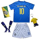 KID BOX Brazil Neymar JR #10 Away Blue Football Soccer Kids Jersey Short Socks Set Youth Sizes (Blue, 9-10 Years)