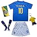 KID BOX Brazil Neymar JR #10 Away Blue Football Soccer Kids Jersey Short Socks Set Youth Sizes (Blue, 9-10 Years)