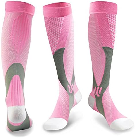 Compression Socks for Women, 20-30 mm Hg Graduated Athletic Medical Recovery Stockings for Nurses, Running, Maternity Pregnancy, Flight Travel, Edema, Swollen Ankles, Varicose, Airplane(Pink, 1 pair)