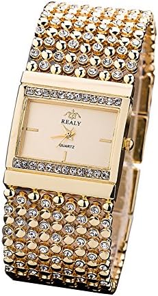 Women Watch Gold Crystal Watch REALY Stainless Steel Round Dial Bracelet Wrist Watch