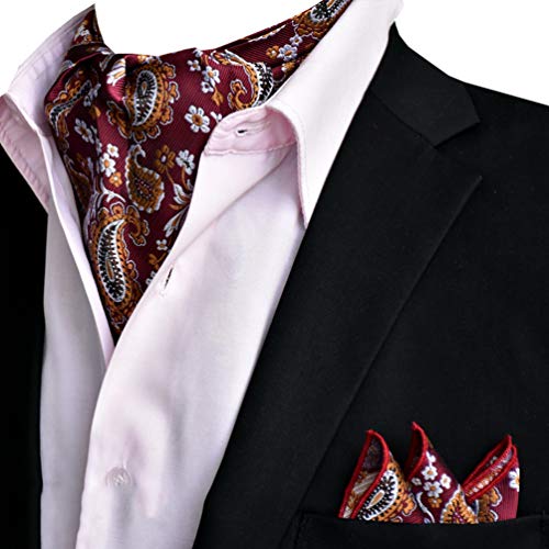 MOHSLEE Mens Red Floral Paisley Cravat Wedding Ascot Tie Scarf Pocket Square Set - Thumbnail 5