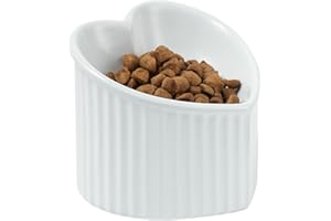FIVEAGE 5.5 Inch Raised Tilted Cat Food Bowl, Elevated Ceramic Cat Bowl, Love Heart Shape, Slanted Pet Feeding Dish, Stress Free Feeder Bowl for Kitty, Small Cats, Protect Pet's Spine, 1 Pack - White