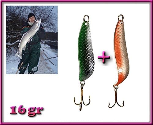 Salmon, trout, pike 16g silver green + silver red spoon lures, spinner baits, fishing baits, spinners for any water for professional fisherman!!!