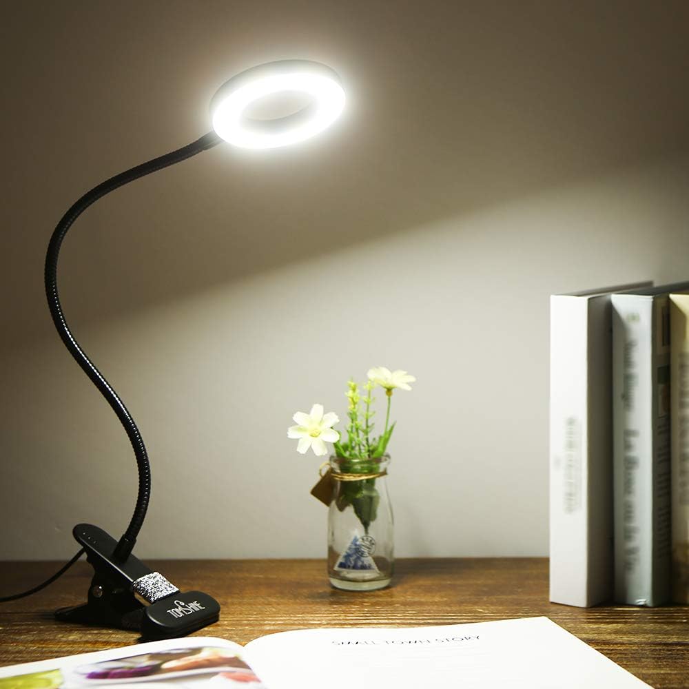 Tomshine Book Light, Metal Clip on Light with 3 Colors, 10-Level Brightness Reading Lamp with Clip for Desk, Bed - - 