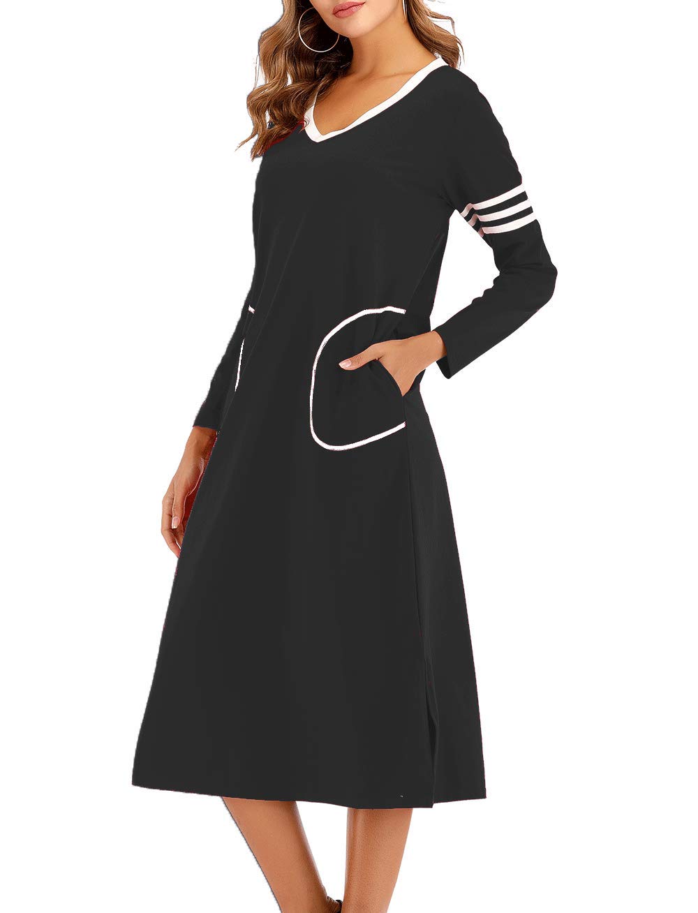 AOVXO Long Nightgown Womens V Neck Long Sleeve Nightshirt Ultra-Soft Cotton Fabric Split Hem Design with 2 Side Deep Pockets (Black, 2XL)