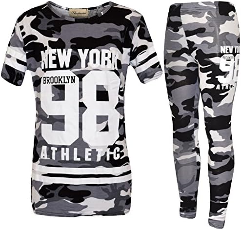 Girls Kids Adios Camouflage Print Army Crop Top & Bottoms New York 98 Leggings Tracksuit Suit Age 2-13 Years