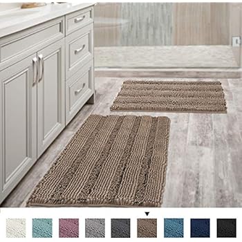 Extra Thick Chenille Striped Pattern Bath Rugs for Bathroom Non Slip - Soft Plush Shaggy Bath Mats for Bathroom Floor, Indoor Mats Rugs for Entryway (Taupe Brown, 32 x 20 Plus 24 x 17 - Inches)