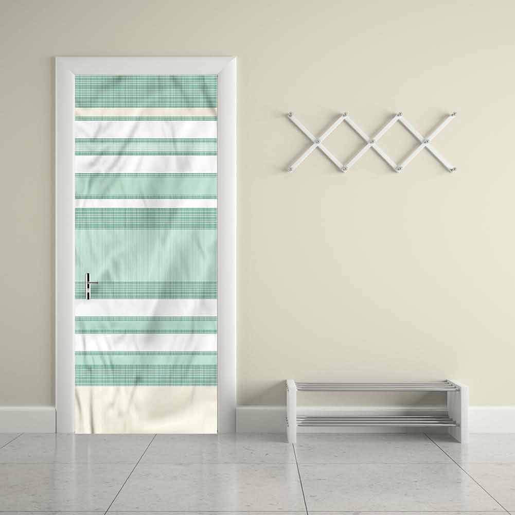 Customized Unique Door Sticker Aqua,Pastel Colored Striped RetroVinyl Room Door Decals Wallpaper DIY Art Decors 32"W x 80"H