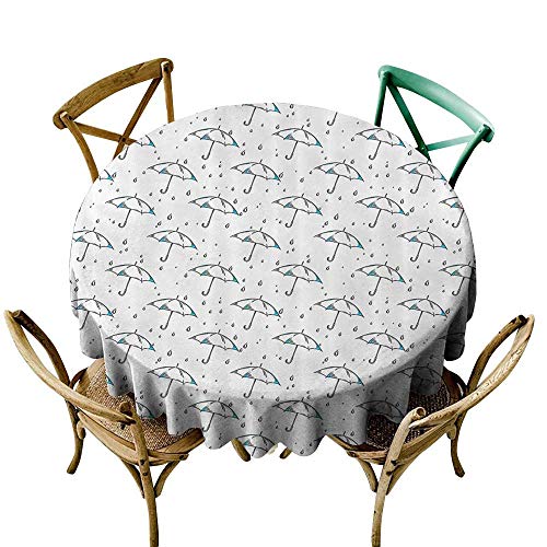 familytaste Circular Table CoverLake House Decor,Sketchy Striped Umbrella Parasol Motif with Rain Drops Fall Autumn Theme,Blue White D 70" Round Tablecloth