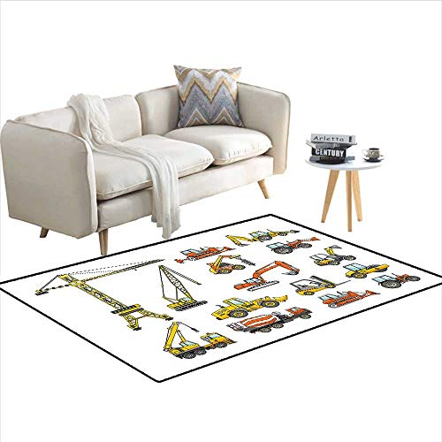 Floor Mat,Cartoon Heavy Equipment and Machinery Industry Building Transportation,Rugs for Bedroom,Yellow Orange Grey 48"x60"