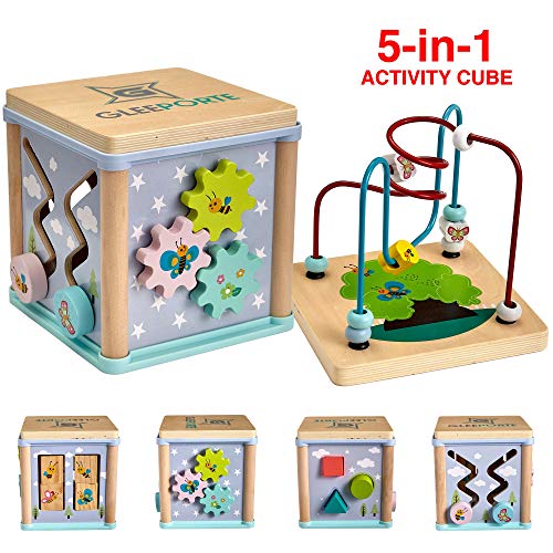 Gleeporte New | 5-in-1 Wooden Activity Play Cube | Deluxe Multi-Function Bead Maze Learning Toy for Toddlers and Kids | Ideal Gift