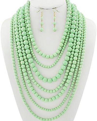 Statement Beaded Layered Strands Mint Green Pearl Beads Long Gold Chain Necklace Earrings Set
