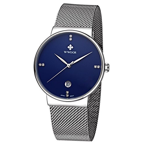 WWOOR Gent Casual Date Quartz Wrist Watches Mesh Stainless steel Band Waterproof Watch For Men Elite Ultra Thin Clock WR18 (Blue)