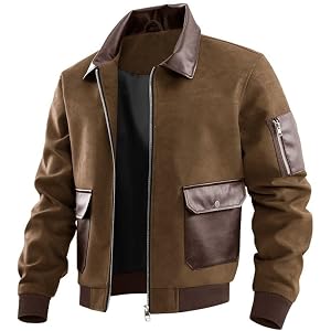 HYYGOCCTV Men's Color Block Faux Suede Flight Jacket Lapel Collar Zip Up Cargo Bomber Coat With Zipper Sleeve Vintage