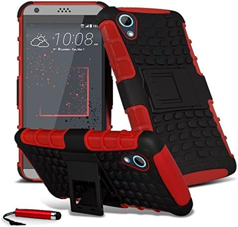 HTC Desire 530 Heavy Duty Shock Proof Dual Case Full Protection Cover with Back Stand & Screen Protector & Stylus (Red)