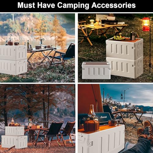 Collapsible Storage Box, Folding Containers Bin Plastic Camping Box With Wood Lid, Stackable Storage Bins Cube Closet Organizer Crate For Clothing Toys Outdoor Indoor Home Camping Picnic Car 40L White