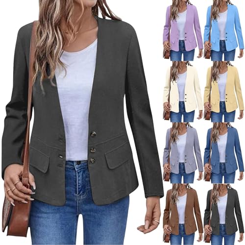 Ladies Short Jackets Blazers for Women UK Lightweight Casual V Neck Open Front Slim Long Sleeve Button Down Cardigan Work Suit Jackets Tops with Pockets Womens Blazer Jacket Dark Gray 12