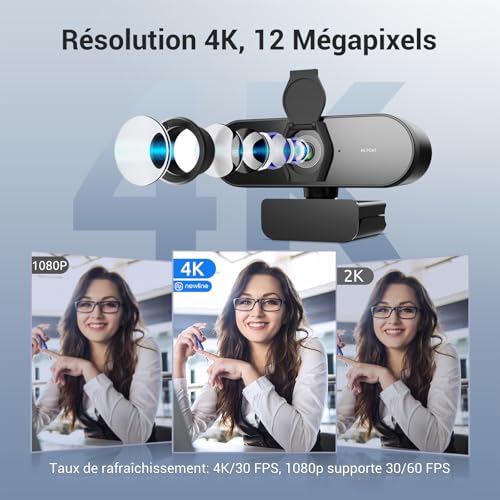 N newline 4K Webcam PC with Mic & Metal Tripod, Full HD 1080p@60FPS, PDAF Autofocus, Clear Stereo Sound, Light Correction, USB Camera PC Gamer Video Conference Streaming
