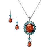 Rosemarie & Jubalee Women’s Cowgirl Chic Western Style Statement Simulated Banded Carnelian Turquoise Howlite Stone Concho Pendant Necklace Earrings Set, 18"+3" Extender