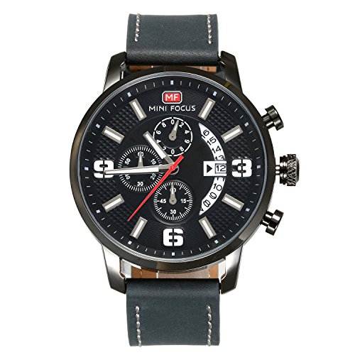 Men's Japan Quartz 3ATM Water Resistant Military Calendar Analog Watch with 3 Sub-Dials (Gray)