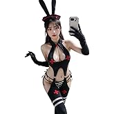 SENJIY sexy bunny outfit lingerie for women nurse playboy One Piece costume Maid Outfits Bunny Girl Naughty Anime Cosplay Bodysuit Rabbit Roleplay Party Christmas Halloween Tail set black