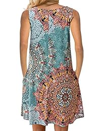 Dasivrry Mujer Casual Floral Sin mangas O Cuello Bolsillos Vestidos cortos fluidos S-XXL