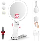 30X Travel Magnifying Mirror with Light, Height Adjustable Vanity Mirror with Phone Holder Stand, Portable Compact Handheld Makeup Mirror with Smart Display for Travel, Daily Makeup Use, White