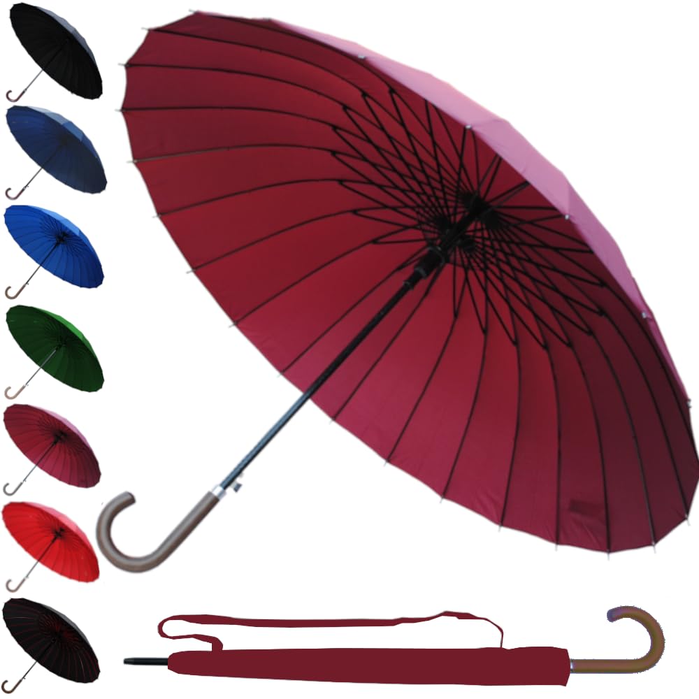 60MPH StormDefender 24 Rib Windproof Strong Umbrella - Large Umbrella for Golf, Sport and Everyday Use - Big Reinforced Frame - Automatic - Wood Hook Handle - Rainproof Men Women - Burgundy Red