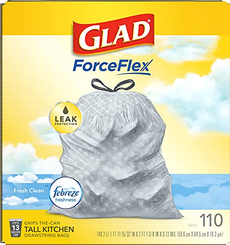 GLAD TALL KITCHEN DRAWSTRING TRASH BAGS – ODORSHIELD 13 GALLON WHITE TRASH BAG, FEBREZE FRESH CLEAN, 110 COUNT
