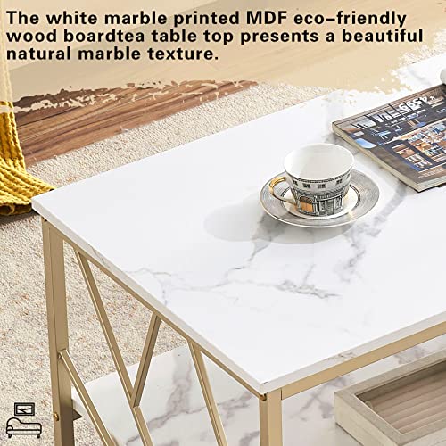 MKJLWO White Coffee Tables for Living Room, Square Marble Gold Coffee